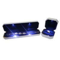 Luxury LED light jewelry box fancy white jewelry box with shiny gold line with blue light